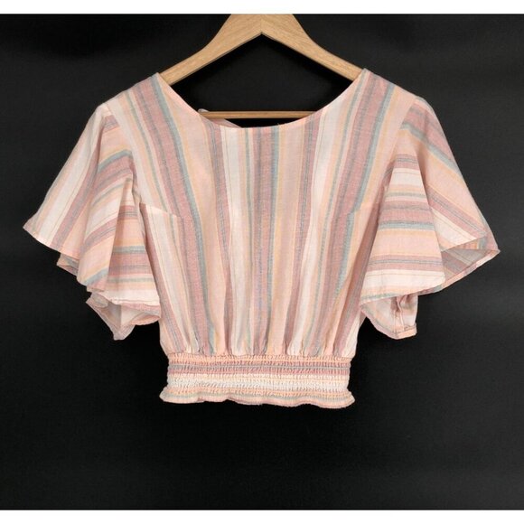 Japna Women Striped Fluter Sleeve Crop Top M Pink Pastel Feminine Coastal Summer - Picture 1 of 6